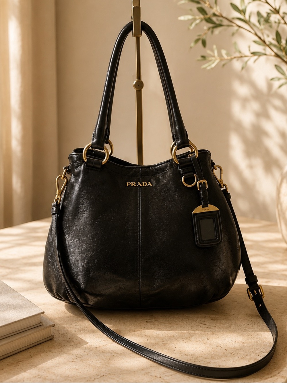 Authentic Prada BN1832 Soft Calf Leather Tote Black Made in Italy